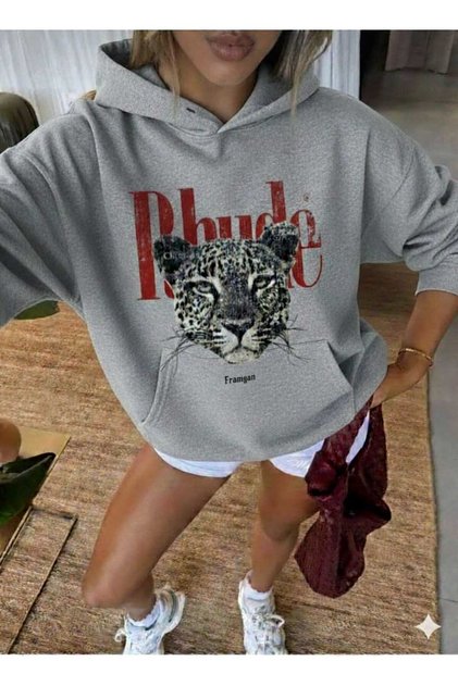 Unısex Kadın LEOPAR Özel Baskılı Oversize Pamuklu Kapüşonlu Sweatshirt