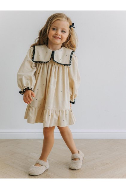 Girls' Collared Polka Dot %100 Cotton Design Gabardine Dress