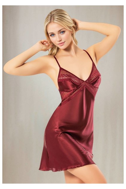 Women's Burgundy Satin Nightgown Mini Nightdress with Cross Straps on the Back and Lace on the Bust