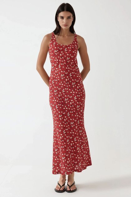 Rochie maxi cu guler în U și model floral Allower
