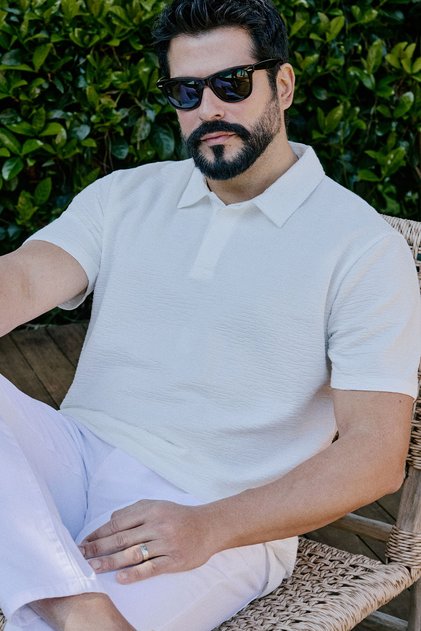 Men's White Cotton Slim Fit Slim Fit Polo Neck Jacquard Stretch T-Shirt
