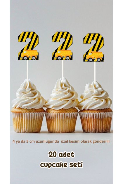 Construction 2-Year-Old Themed Concept Toothpick Cupcake Topper Birthday Decoration *20-Piece Thick Paper