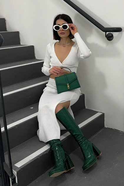 2 Pieces: V-Neck Long Sleeve Crop Top & High Waist Slit Maxi Skirt