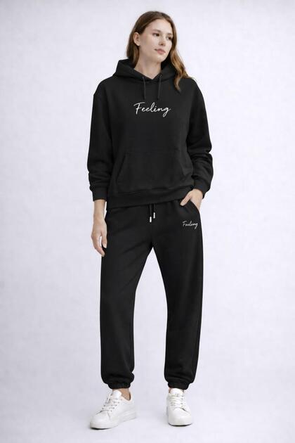 3Iplik Cotton Back Printed Hooded Hoodie Sweat Pantalon Set Loveyourself Printed