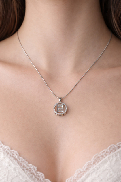Stainless Steel Baguette Stone Round Necklace – Silver Color Women's Necklace