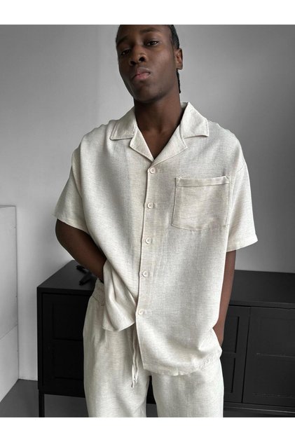 Men's Oversized Straw Linen Short Sleeve Linen Bottom Top Set Summer Comfortable Fit Italian Collar Set