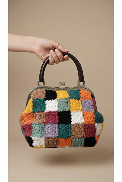 El Yapımı Motifli Burslu El Çantası | Astar Kaplamalı Vintage Stil | %100 Koton İp | 25x22x13 cm