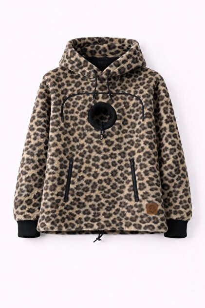 Tüylü 【Leopar】Kanguru Cepli Unisex Kadın Erkek Kapüşonlu