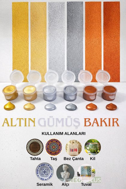 Akrilik Boya 3ml, Altın, Gümüş ve Bakır Renk (6'lı Şerit) Obje, Taş Boyama, Etkinlik