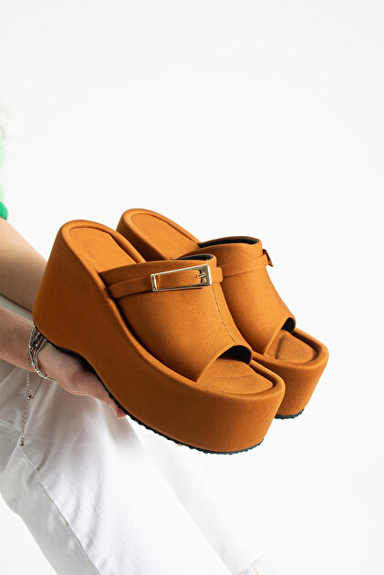 Lunara Women's Tan 10 cm Platform Heel Buckle Thick Sole Slippers Sandals