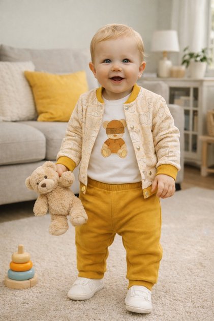 Baby Boy Mustard 3-Piece College Set Seasonal Teddy Bear Printed Bodysuit Cardigan Pants Set