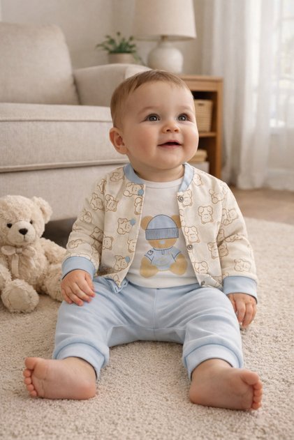 Baby Boy Baby Blue 3-Piece College Set Seasonal Teddy Bear Printed Bodysuit Cardigan Pants Set