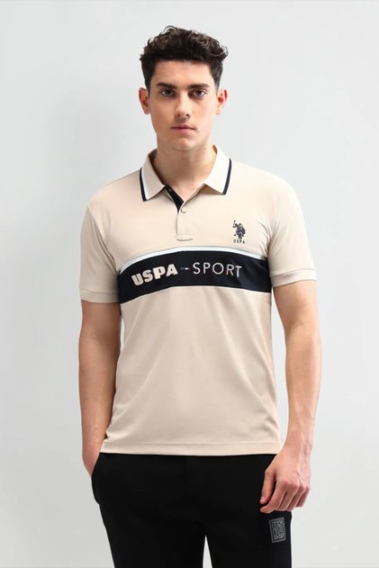 Mens Beige Slim Fit Striped Polo Shirt