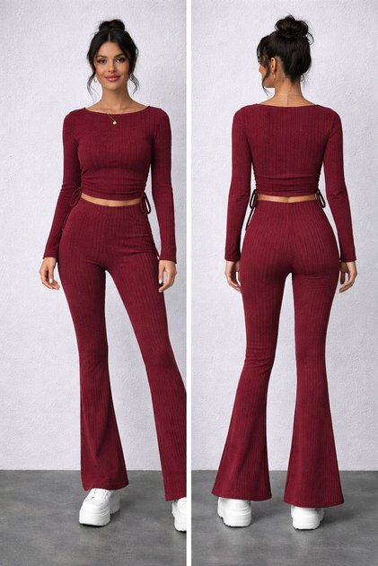 material reiat Set de bluză asimetrică din tricot și evazat pantaloni, set de tricotaje burgundy