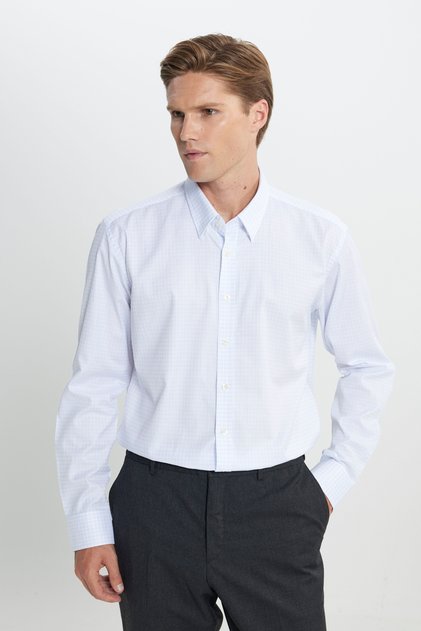 Erkek Mavi-Beyaz %100 Pamuk Comfort Fit Rahat Kesim Gizli Düğmeli Yaka Kareli Gömlek