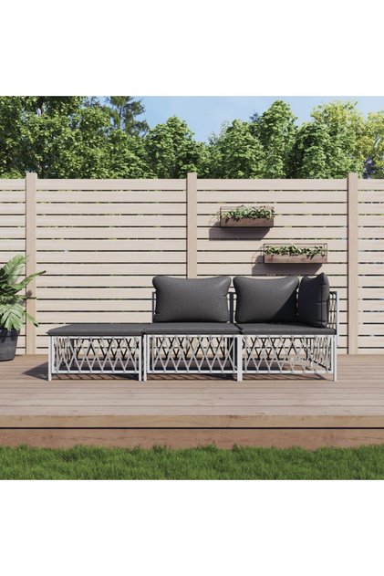 3 Piece Garden Lounge Set with Cushions White Steel