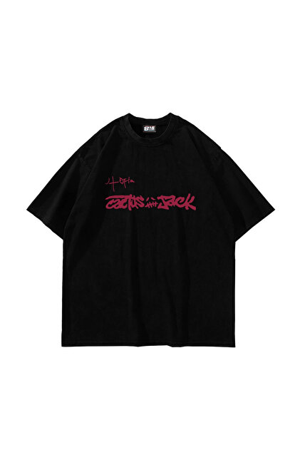 Sekizbiraltı Cactus Jack Baskılı Yıkamalı Siyah Unisex Oversize