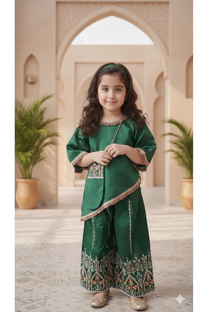 Girls Embroidered Top And Palazzo Ramadan Set with Cross body Pouch