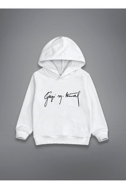 Mustafa Kemal Atatürk Printed White Kids Hooded Sweatshirt