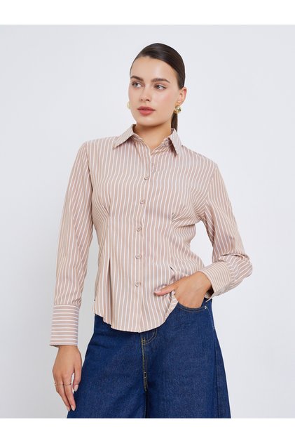 Women Beige Striped Long Sleeve Shirt