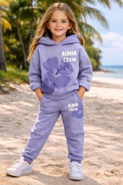 Girl's Lilac Tracksuit Set with Digital Floral Print and Aloha Crew Lettering Detail