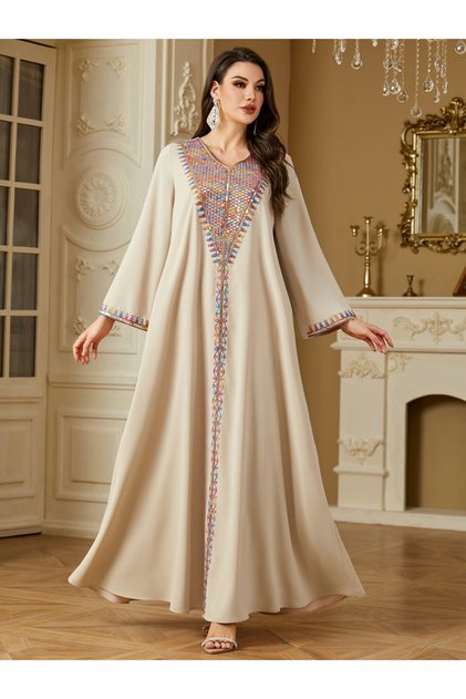 Women Beige Sequined Panel V Neck Jalabiya