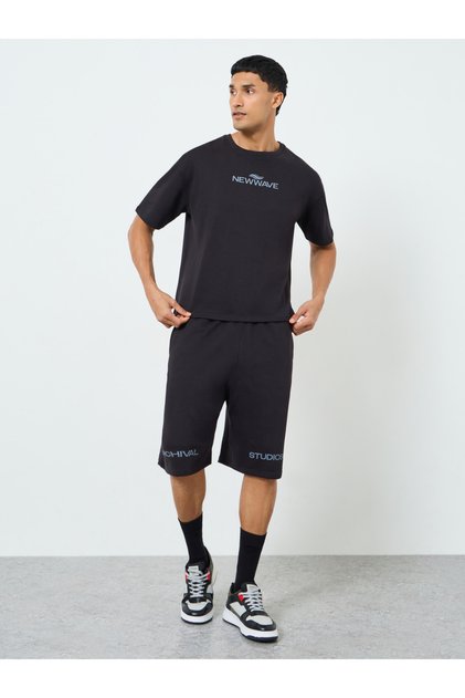 Men Black Graphic Print T-Shirt and Shorts Co-Ords