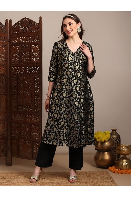 Women Black Gold Foil Floral Print Kurta with Pants Set