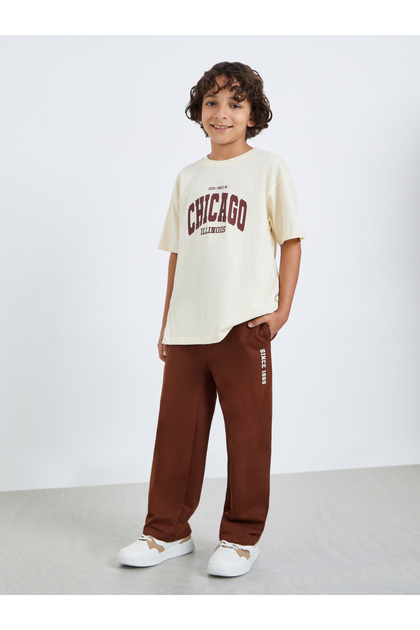 Boys Beige Chicago Print T-Shirt and Brown Jogger Set