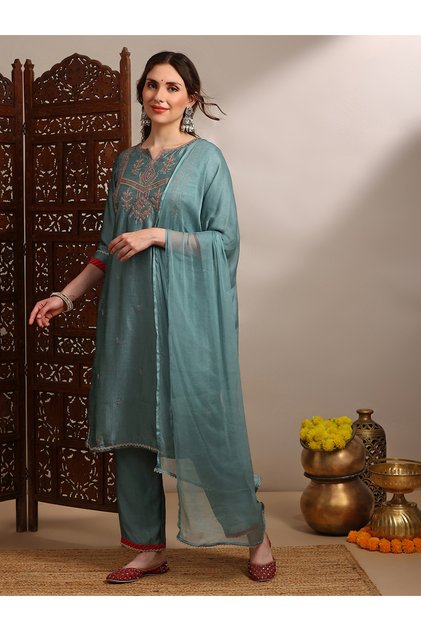 Women Teal Zari Embroidered Kurta with Wide Leg Pants and Dupatta Set