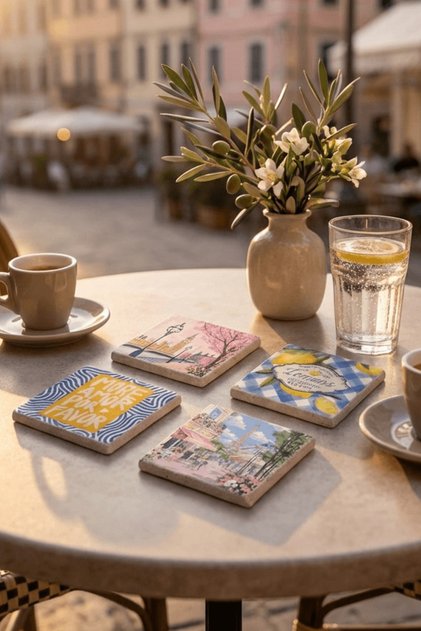 Pink and Blue Love Themed Pop Art Natural Stone Travertine Coasters Set of 4