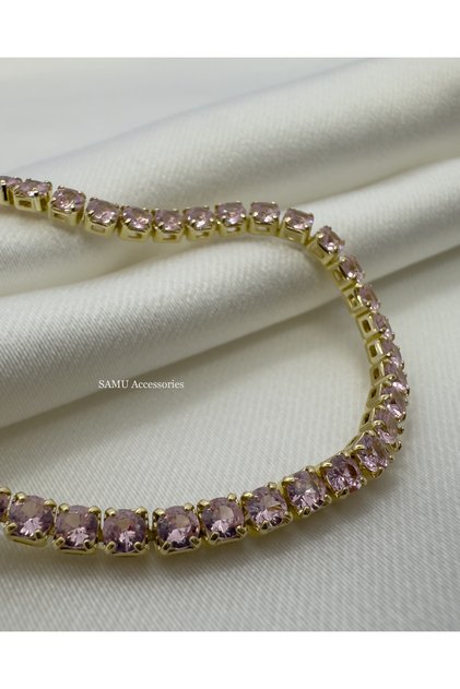 Pink Stone Gold Waterway Steel Bracelet - Golden Pink Tennis