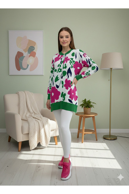 Women's Floral Patterned Jacquard Long Ribbed Tunic - Fuchsia/Green