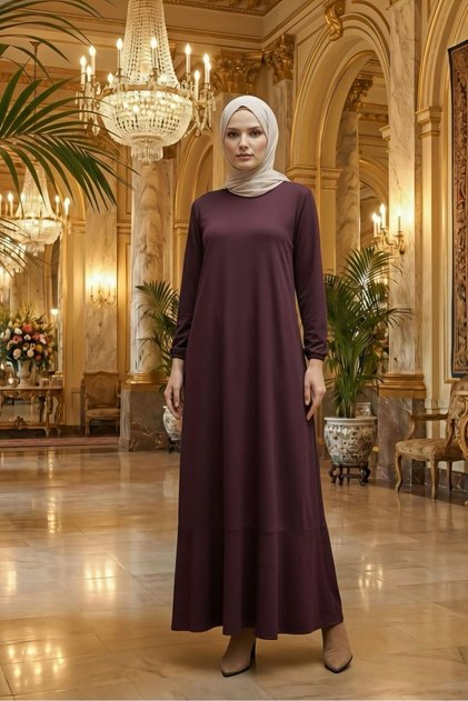 Kahverengi Eteği Katlı Kol Lastikli Modal Elbise