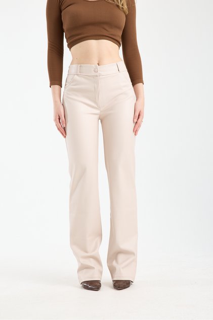 Women's Stone-Colored Belted Leather Trousers