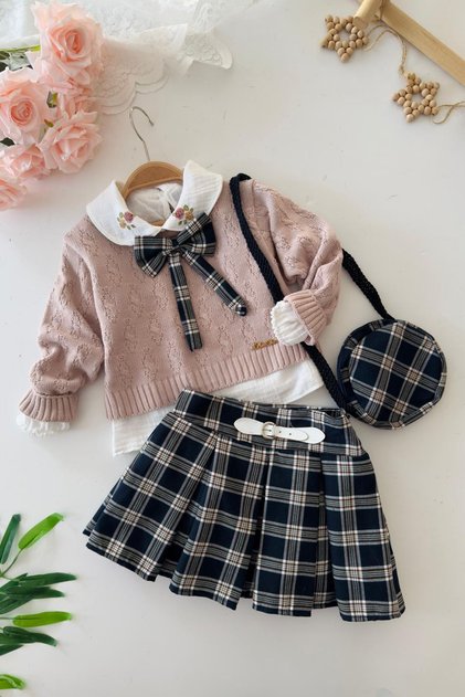 My Little One's Cicileri Bowknot Knitwear Sweater, Plaid Pleated Shorts, Skirt, Girl's 4-Piece Set - Powder