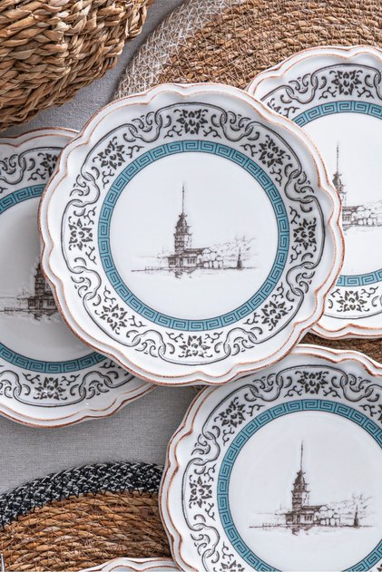 Maiden's Tower Patterned Porcelain Cake & Dessert Plate Set | Istanbul Motif 6-Person 6-Piece Set 21 cm