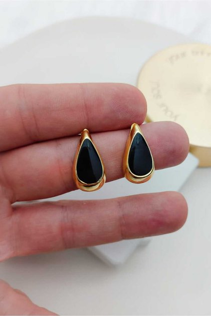 Damla Gold Black Enamel Women's Earrings
