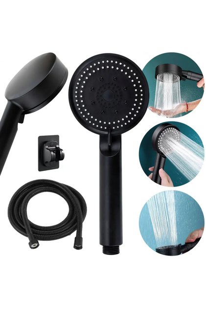 Set cap de dus & furtun 150 cm & suport montare, 5 moduri de jet cu presiune mare, ABS, Negru
