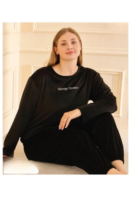 Kadın Kışlık Bisiklet Yaka Kadife Battal Pijama Takımı 13214S - 1 Adet