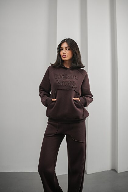 Women's Oversize Embossed Detail K Hooded Track Suit Set