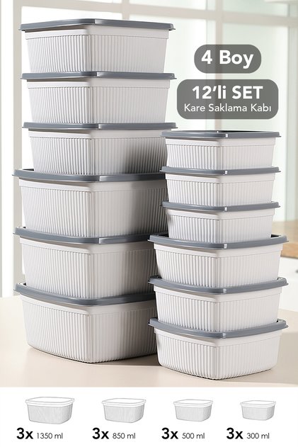 Set of 12 Striped Square Storage Containers - Microwave Safe Food Containers 1.35L 0.85L 0.5L 0.3L Gray