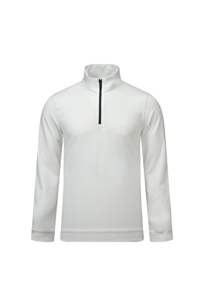 White Regular Fit Half Turtleneck Zipper Sweatshirt