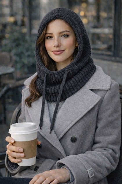Hooded Balaclava Knitted Beanie with Drawstring