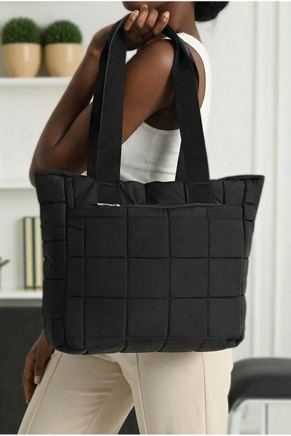 Black Quilted Zippered Two-Compartment Puff Fabric Water-Resistant Large Size Women's Shoulder Bag Gc021400