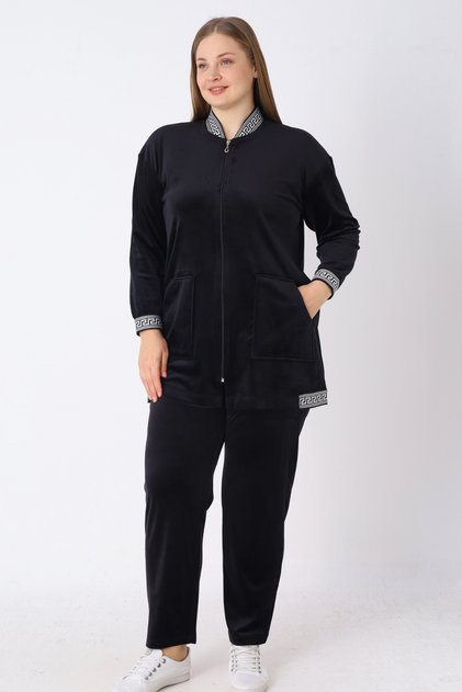 Women's Plus Size Black Zippered Pocket Soft Fleece Striped Detail Long Sleeve Top and Bottom Tracksuit Set