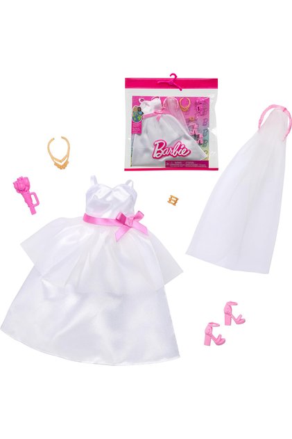 Barbi 'nin Bebek Kıyafetleri 2'li Paket Fashion Gelinlik Topuklu Ayakkabı Çiçek Kolye Ve Bileklik