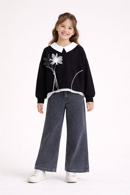 Black Floral Detailed Badili Shirt Girls' 3-Piece Top and Bottom Set 23529