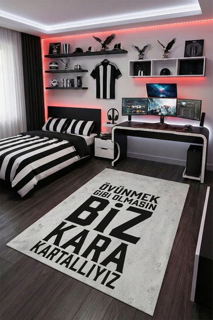 Taraftar Genç Odası Halısı Kaymaz Taban Makinede Yıkanabilir Siyah Beyaz Halı Takım Halısı