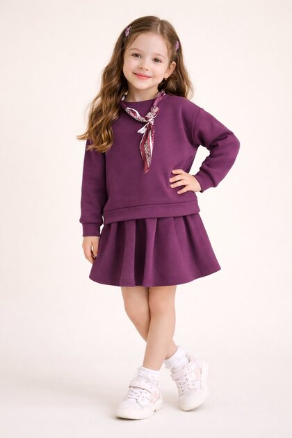 Burgundy Scarf Detailed Badili Skirt Girls' 2-Piece Set 23533